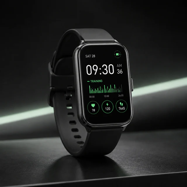 N1 Watch graphite device render showing a training dashboard